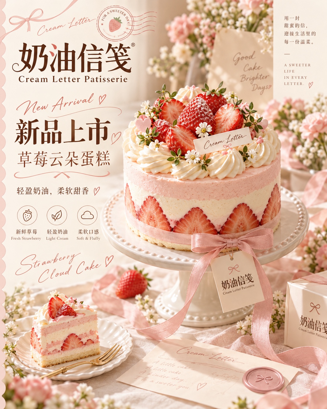 草莓云朵新品海报中的草莓奶油蛋糕